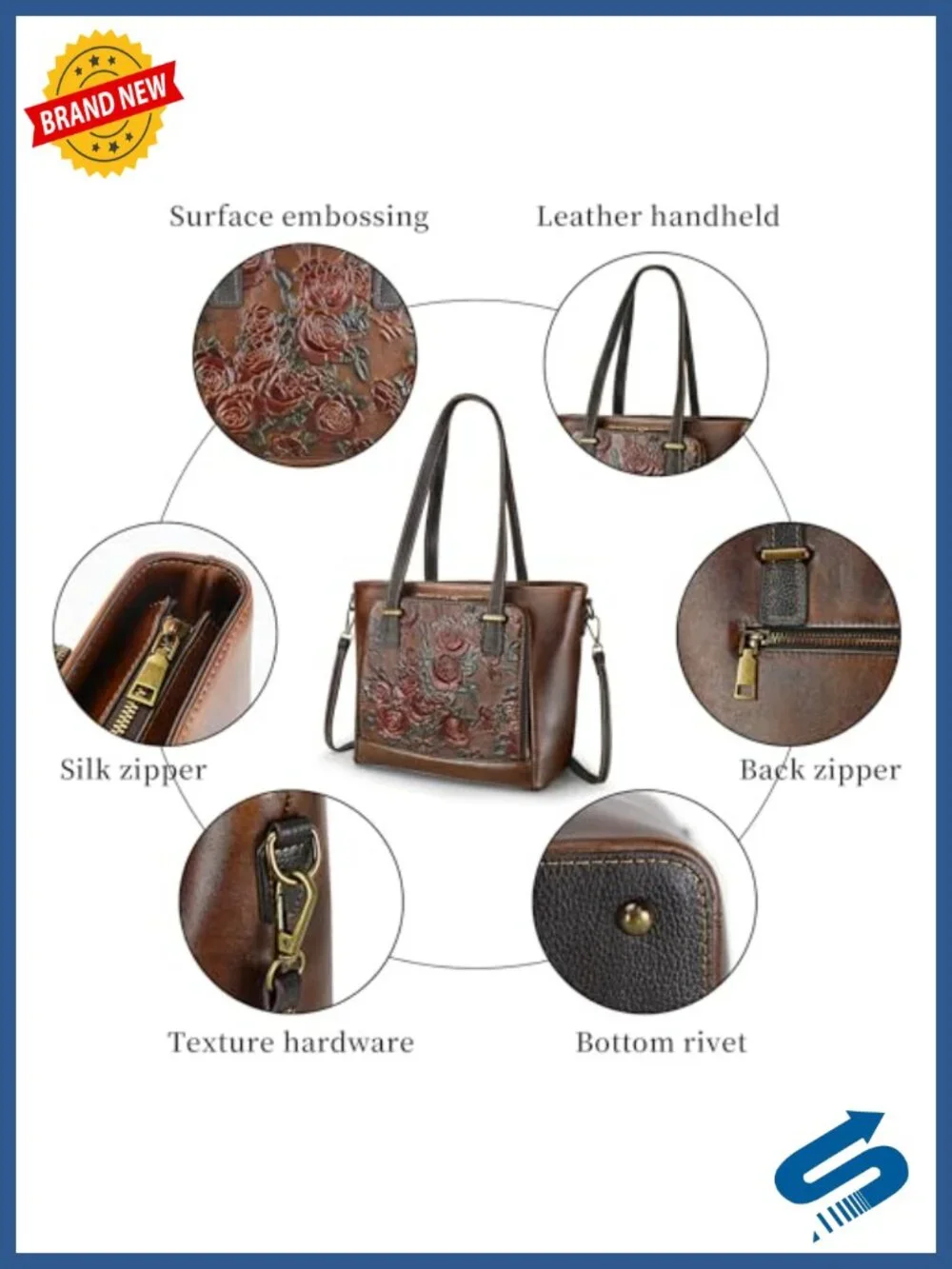 Vintage Leather Crossbody Bag Satchel Handbag Tote with Rose Embossing